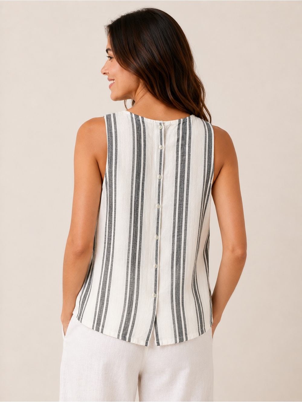 C&C California 100% Linen Striped Sleeveless Back Button Tank Top M - Picture 4 of 10
